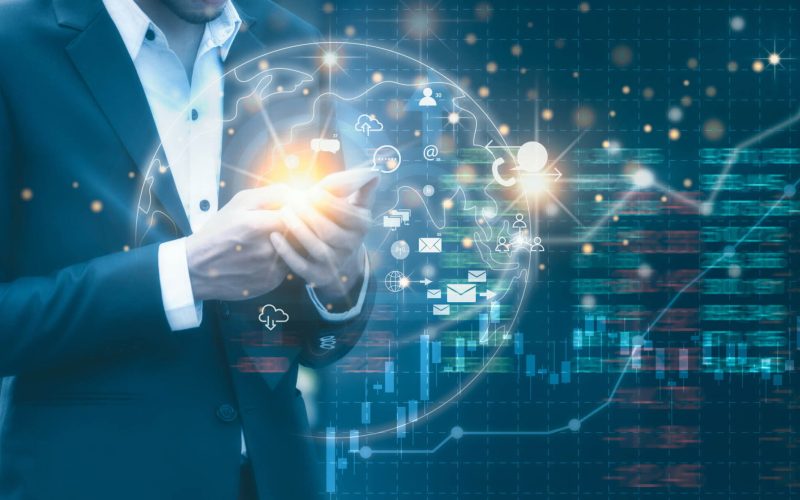 Business man using mobile phone with icon network connection, Digital online marketing and business technology
